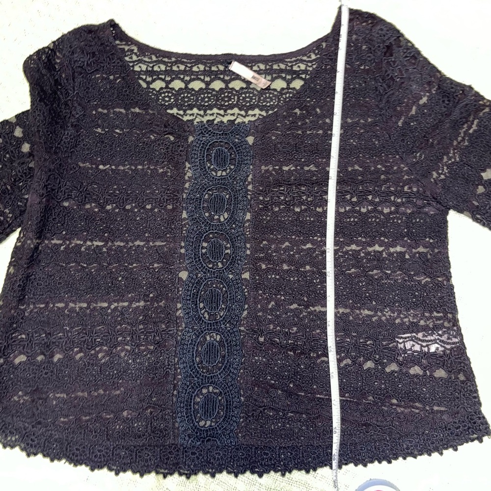 Amuse Society Long Bell Sleeve Black Sheer Lace Crop Top - Picture 7 of 9